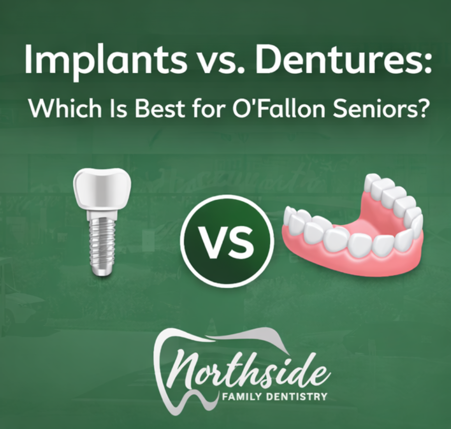 Dental implants versus dentures comparison for seniors in O’Fallon, Missouri, featuring implant icon and full denture by Northside Family Dentistry