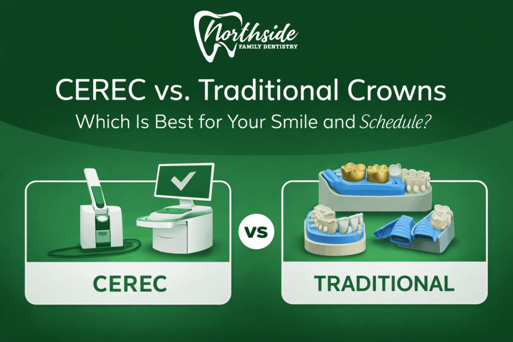 Comparison of CEREC same-day dental crowns and traditional crowns, showing digital crown design and lab-made restorations at Northside Family Dentistry