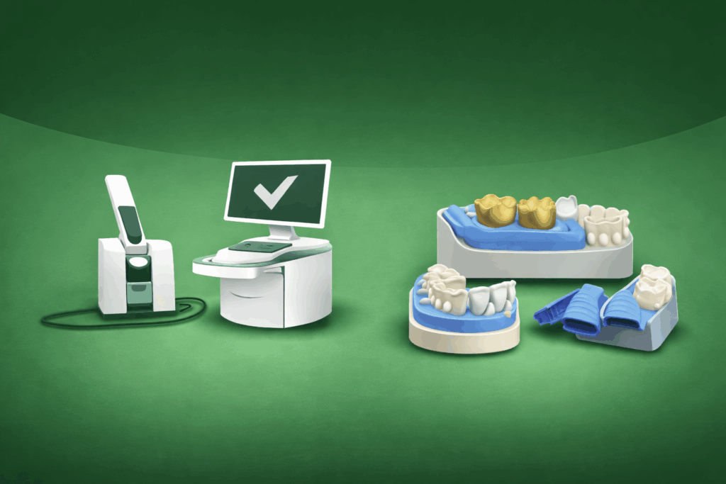 CEREC same-day crown scanning and milling equipment next to traditional dental crown impressions and models used in restorative dentistry