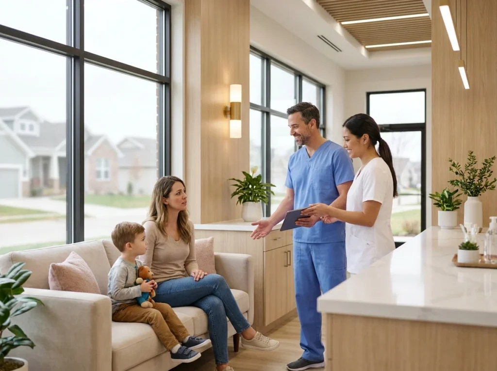 Dentist consulting with parent and child in modern office