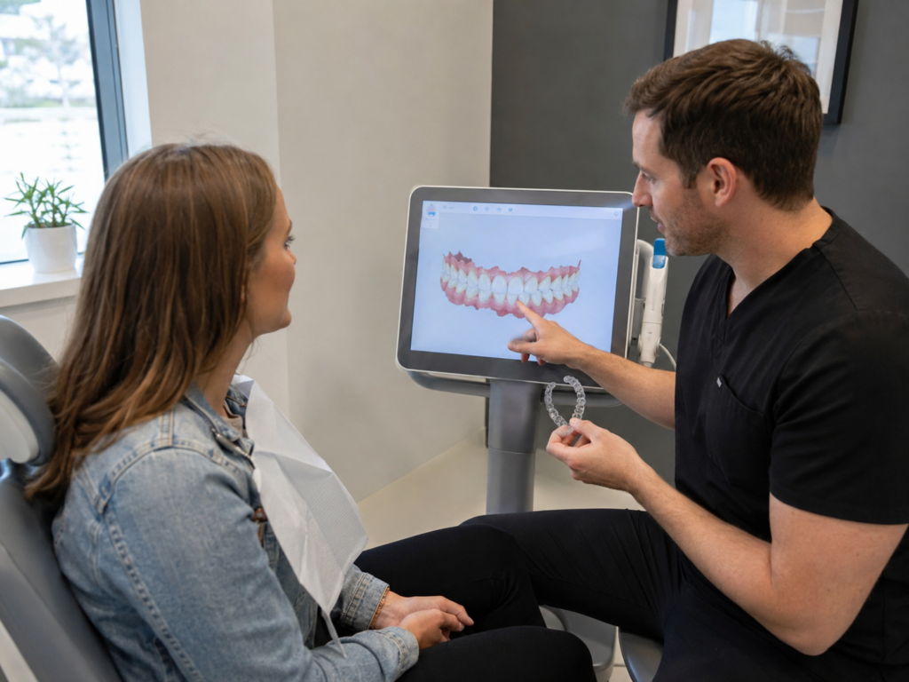 Patient discussing CandidPro® clear aligner treatment with a dentist after previous dental crowns or fillings.
