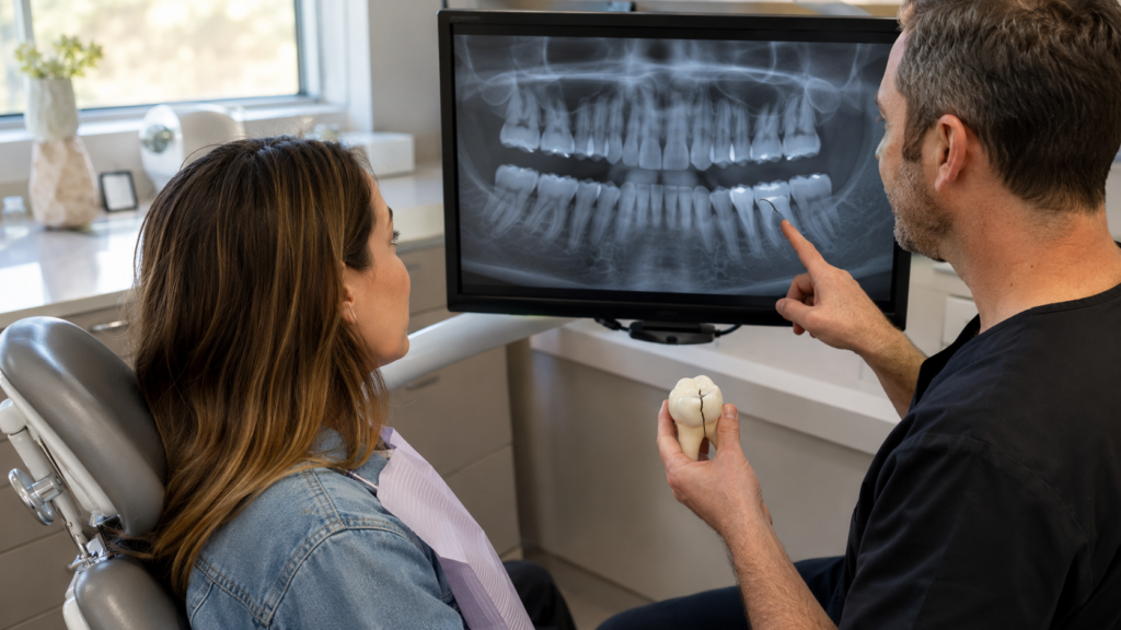 Dentist reviewing an X-ray of a fractured tooth with a patient during a consultation.
