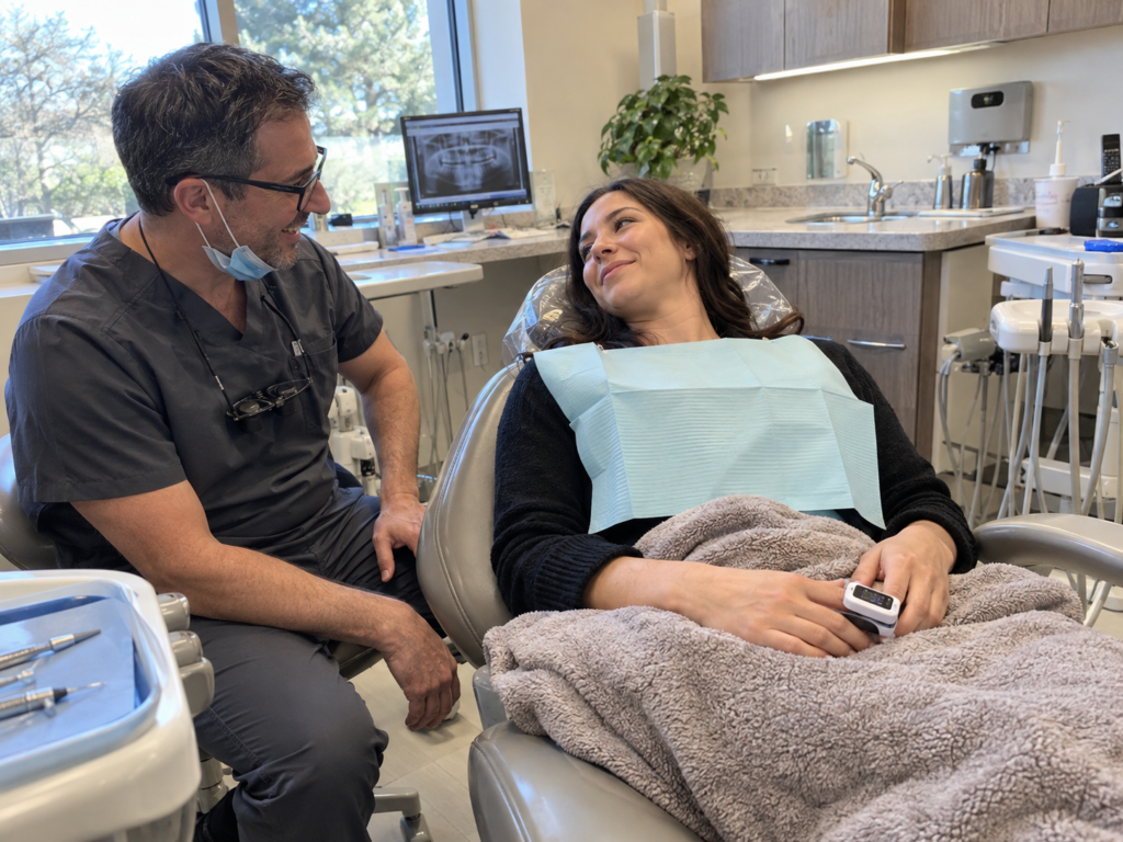 Relaxed, awake patient reclines under a blanket while a dentist checks on her during oral sedation dental treatment.